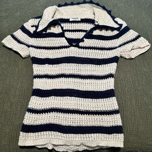 Striped Navy and White Crochet Blouse 100% Cotton Ladies Small S